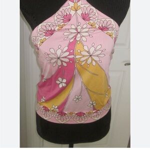 Banana Republic Silk Knit Geometric Pink Retro Halter Top Ties